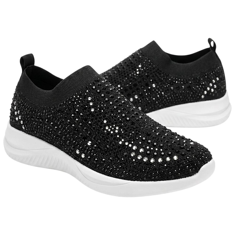 Black Rhinestone Slip On Sneakers Womens 7 Stretch Knit Lauren Lorraine NIB